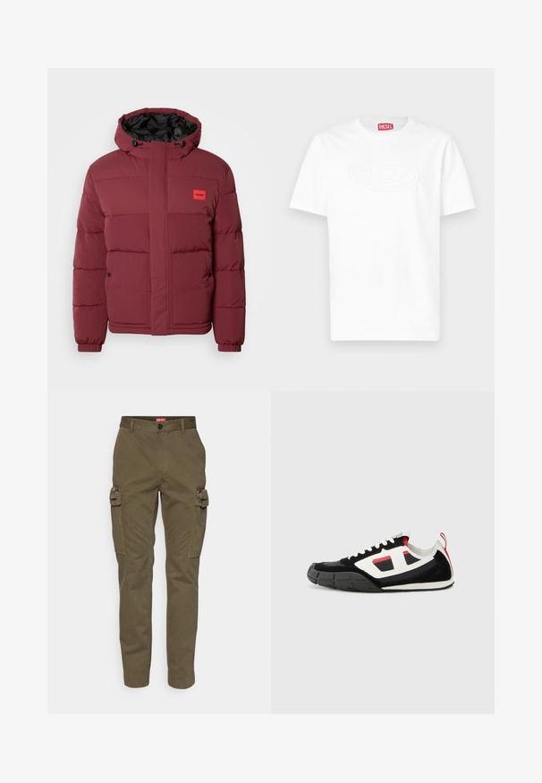 Bordeauxkleurige gewatteerde winterjas met capuchon, voorzakken met knopen, elastische boorden en een klein rood HUGO-logo op de borst.; Wit T-shirt met korte mouwen en ronde hals, met een reliëf ovaal logo op de borst en een rood Diesel-merklabel aan de binnenkant van de kraag.; Olijfgroene cargobroek van katoen twill, met zijzakken, een knoopsluiting en taps toelopende benen.; Diesel S PAGODHA - Sneakers laag - black
