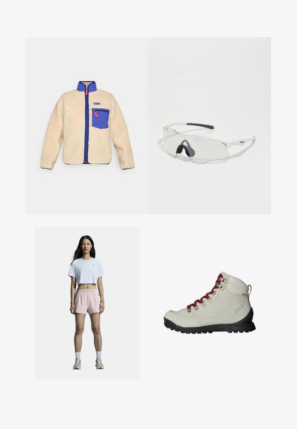 Fleecejacke in Beige mit blauem Kragen und Tasche. Verfügt über einen vorderen Reißverschluss mit orangefarbenem Ziehgriff und ein kleines Logo auf der Brust.; Hellgrauer, langärmliger Crop-Top aus dehnbarem Stoff mit rundem Ausschnitt und schlankem Design. Kombiniert mit hoch taillierten schwarzen Leggings.; Weißes, kurz geschnittenes T-Shirt mit Logo, kombiniert mit hellpinkfarbenen Sportshorts mit elastischem Bund. Weiße Socken und neutrale Sneakers runden das Outfit ab.; Beige Wanderschuh mit roten Schnürsenkeln, Metallösen und strukturiertem Obermaterial. Besitzt eine robuste schwarze Sohle und ein auffälliges Logo-Detail an der Seite.; Sonnenbrille mit klarem Gläsern, weißem Rahmen und grauen Gumminasenpolstern. Verfügt über ein schlankes Design, eine eckige Form und minimalistische Hardware-Akzente.