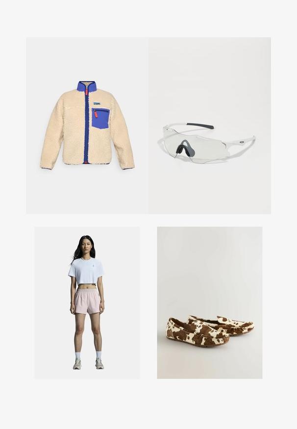 Fleece jacket in beige with a blue collar and pocket. Features a front zipper with orange pull tab and a small logo on the chest.; Light gray, long-sleeve crop top made of stretchy fabric, featuring a rounded neckline and sleek design. Paired with high-waisted black leggings.; White cropped t-shirt with logo, paired with light pink athletic shorts featuring an elastic waistband. White socks and neutral sneakers complete the outfit.; Cow print loafers made of soft material with brown and white pattern, featuring a slip-on design and flat rubber sole.; Sunglasses with a clear lens, white frame, and gray rubber nose pads. Features sleek design, angular shape, and minimal hardware accents.; Black shoulder bag made of textured fabric, featuring a diagonal design, adjustable strap, and drawstring closures on the sides.