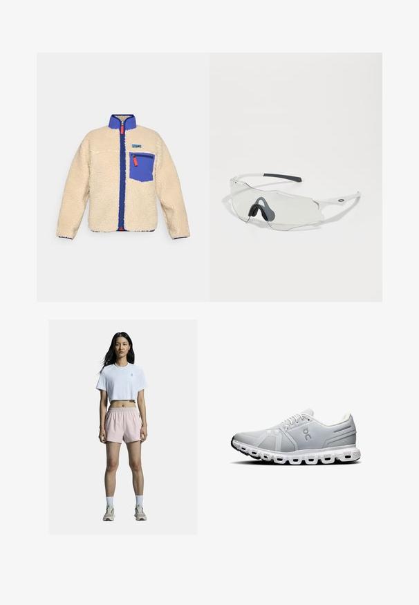 Fleec jakna u bež boji s plavim ovratnikom i džepom. Ima prednji patentni zatvarač s narančastom ručkom i mali logo na prsima.; Svijetlo siva, dugih rukava kratka majica od rastezljivog materijala, s okruglim dekoltea i elegantnim dizajnom. Uparena s crnim tajicama visokog struka.; Bijela skraćena majica s logom, uparena s svijetloružičastim sportskim kratkim hlačama s elastičnom strukom. Bijele čarape i neutralne tenisice upotpunjuju odjevnu kombinaciju.; Svijetlosivi atletski tenisice s mrežastim gornjim dijelom, bijelim vezicama i segmentiranom bijelom potplatom. Imaju logo i suptilne dizajnerske linije sa strane.; Naočale za sunce s prozirnim staklima, bijelim okvirom i sivim gumiranim nosnim jastučićima. Karakterizira ih elegantan dizajn, uglasti oblik i minimalni akcenti hardvera.; Crna torba za rame izrađena od teksturirane tkanine, s dijagonalnim dizajnom, podesivim remenom i zatvaranjem na vezanje sa strane.