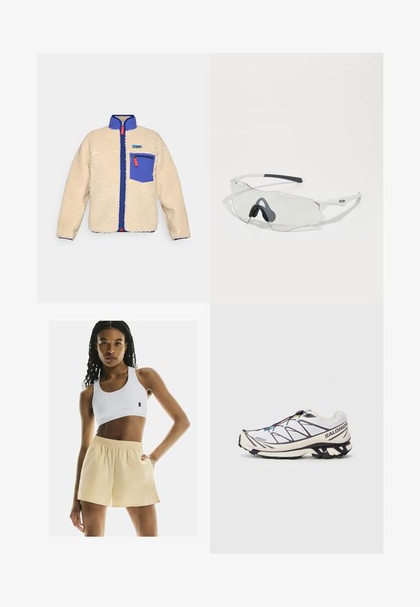 Chaqueta de forro polar en beige con un cuello y un bolsillo azul. Cuenta con un cierre frontal con tira de tirón naranja y un pequeño logotipo en el pecho.; Top corto de manga larga en gris claro, hecho de tela elástica, con un escote redondeado y un diseño elegante. Combinado con leggings negros de tiro alto.; Un sujetador deportivo blanco y unos pantalones cortos amarillo claro con cinturilla elástica, textura suave y un ajuste relajado con bolsillos laterales.; Zapatilla de correr Salomon con parte superior de malla blanca y acentos morados, suela texturizada y mecanismo de lazada rápida.; Gafas de sol con lentes transparentes, montura blanca y almohadillas de nariz de goma gris. Presentan un diseño elegante, forma angular y acentos mínimos en el hardware.