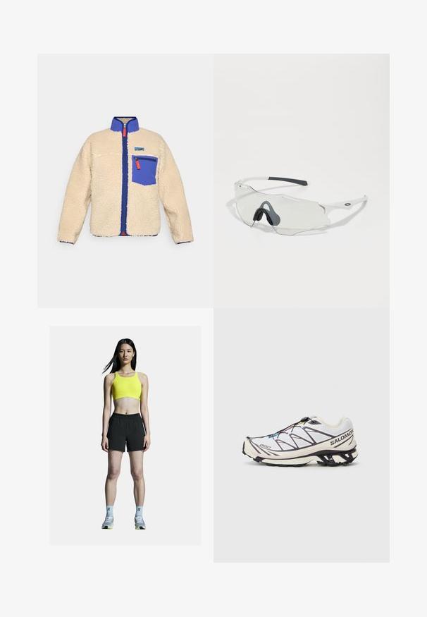 Villakangastakki vaaleanruskeana, sinisellä kaula-aukolla ja taskulla. Varustettu etuvetoketjulla, jossa oranssi vetonauha, sekä pienellä logolla rinnassa.; Vaaleanharmaa, pitkähihainen lyhyt paita, joka on valmistettu joustavasta kankaasta. Paitassa on pyöristetty pääntie ja tyylikäs muotoilu. Yhdistetty korkeavyötäröisten mustien trikoo-leggingsien kanssa.; Keltainen urheiluliivi, jossa on lyhyt malli, yhdistettynä mustiin urheilushortseihin. Siinä on harmaat kengät, joissa on keltaisia yksityiskohtia ja vaaleansiniset sukat.; Salomon juoksukengät, joissa on valkoinen verkkomateriaali, violetteja yksityiskohtia, teksturoitu pohja ja nopea nauhoitusmekanismi.; Aurinkolasit, joissa on kirkas linssi, valkoinen kehys ja harmaat kumiset nenät. Ominaisuudet: tyylikäs muotoilu, kulmikas muoto ja vähäiset varusteakcentit.; Musta olkalaukku, joka on valmistettu teksturoidusta kankaasta. Laukussa on viisto muotoilu, säädettävä olkahihna ja nyörikiinnitykset sivuilla.