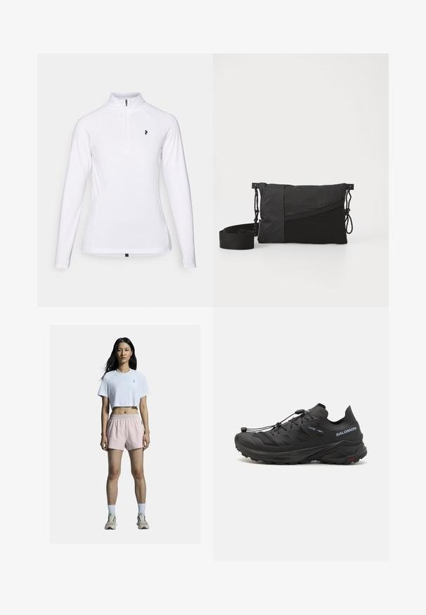 Fleec jakna u bež boji s plavim ovratnikom i džepom. Ima prednji patentni zatvarač s narančastom ručkom i mali logo na prsima.; Bijela dugorukava majica s četvrtim patent zatvaračem, s crnim logotipom na prsima i glatkim, laganim materijalom.; Bijela skraćena majica s logom, uparena s svijetloružičastim sportskim kratkim hlačama s elastičnom strukom. Bijele čarape i neutralne tenisice upotpunjuju odjevnu kombinaciju.; Crne trail trkačke cipele s teksturiranim gornjim dijelom, mrežastim panelima i sigurnim sustavom zatvaranja. Imaju robusnu potplate za prianjanje.; Crna torba za rame izrađena od teksturirane tkanine, s dijagonalnim dizajnom, podesivim remenom i zatvaranjem na vezanje sa strane.