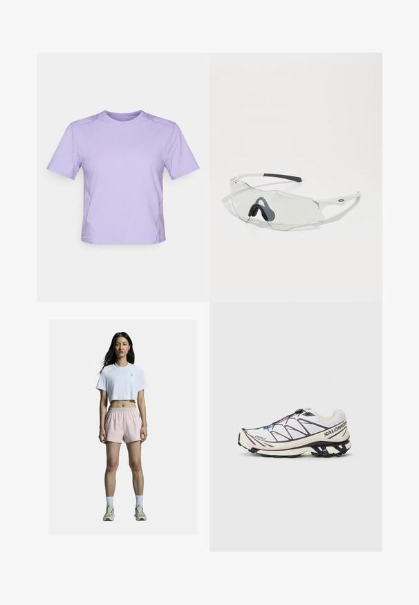 Beżowa kurtka polarowa z niebieskim kołnierzem i kieszenią. Posiada przedni zamek błyskawiczny z pomarańczową zawieszką oraz małe logo na klatce piersiowej.; Liliowa krótko rękawowa koszulka sportowa z okrągłym dekoltem, gładką fakturą i subtelnymi kontrastowymi szwami. Minimalistyczne logo na klatce piersiowej.; Biała krótka koszulka z logo, połączona z jasnoróżowymi szortami sportowymi z elastycznym pasem. Białe skarpetki i neutralne sneakersy dopełniają strój.; Buty biegowe Salomon z białą siateczką i fioletowymi akcentami, z teksturowaną podeszwą i mechanizmem szybkiego sznurowania.; Okulary przeciwsłoneczne z przezroczystymi soczewkami, białą oprawką i szarymi gumowymi podkładkami na nos. Cechują się eleganckim designem, kanciastym kształtem i minimalnymi akcentami sprzętowymi.; Czarna torba na ramię wykonana z teksturowanej tkaniny, z ukośnym wzorem, regulowanym paskiem i ściągaczami po bokach.