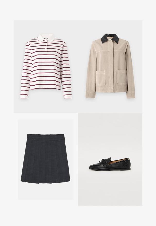 Beige kabát fekete bőr gallérral, egyenes szabással, két elülső zsebbel és sima felülettel. Egyszerű dizájn, nincs minta.; Hosszú ujjú póló fehér színben, bordó vízszintes csíkokkal, klasszikus gallérral és gombos lécek kialakítással. Puha pamut anyag.; Sötétszürke pliszírozott szoknya rugalmas derékkal, texturált anyagból, klasszikus A-vonalú sziluettel. Alkalmas mindennapi viseletre.; Fekete bőr lófarok cipők, megkötött masnival, arany szemcsés díszítéssel az oldalán és lapos gumitalppal. Simaság, klasszikus dizájn.