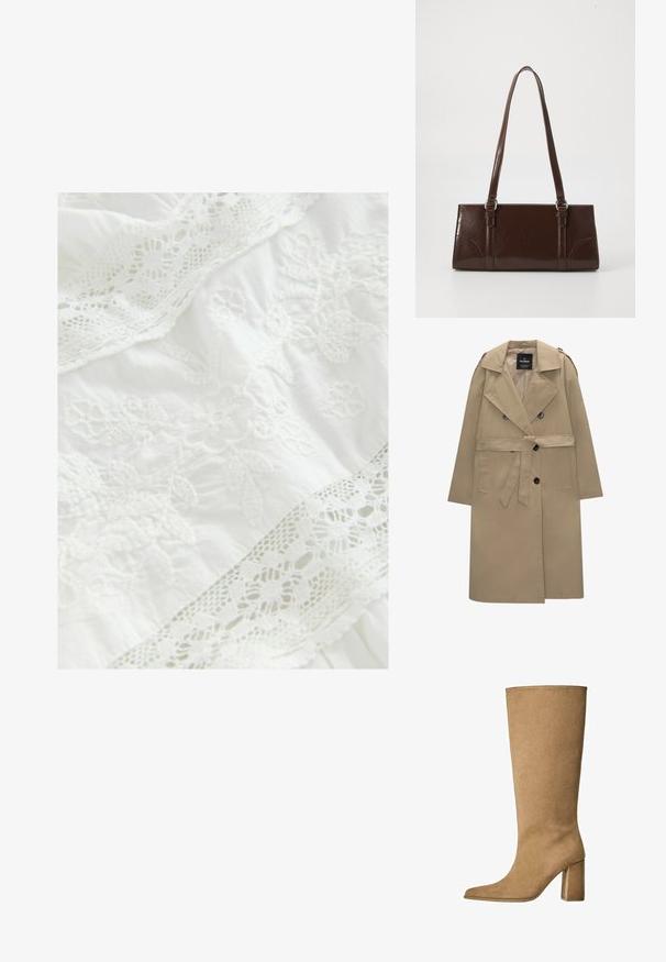 Manteau trench beige à double boutonnage avec ceinture, larges revers, épaulettes, poches latérales et fermetures à bouton.; Tissu blanc avec une broderie florale complexe et une délicate finition en dentelle. Texture douce avec des éléments de design en couches tout au long.; Botte en daim beige montant jusqu'au genou avec un talon carré, dotée d'un bout pointu et d'une texture lisse. Design minimaliste sans embellissements.; Sac à main en cuir verni marron de forme rectangulaire, avec deux longues poignées et des accents courbés subtils à l'avant.