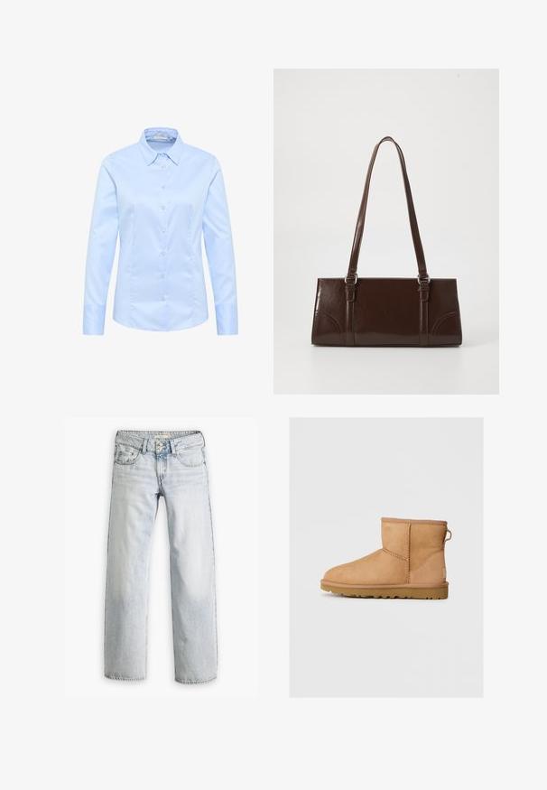 Beige doppelreihiger Trenchcoat mit Gürtel, breiten Revers, Schulterepauletten, Seitentaschen und Knöpfen.; Weißer, kabelgestrickter Wollpullover mit langen Ärmeln und gerippten Bündchen und Saum, runder Ausschnitt, auf weißem Hintergrund präsentiert.; Helles blaues Langarmhemd mit strukturiertem Kragen, Knöpfen auf der Vorderseite und einer glatten, glänzenden Baumwolloberfläche. Schmaler Schnitt mit angeschnittenen Ärmelabschlüssen.; Hellblaue Denim-Jeans mit lockerer Passform, hoher Taille und fünf Taschen. Mit Stitching-Akzenten und einem Knopfverschluss.; Hellbraune Wildleder-Stiefeletten mit runder Zehenpartie, genähten Details, Ziehschlaufe an der Rückseite und einer strukturierten Gummisohle. Entwickelt für Komfort und Wärme.; Braune Lackleder-Handtasche in rechteckiger Form, mit zwei langen Griffen und subtilen, geschwungenen Akzenten auf der Vorderseite.