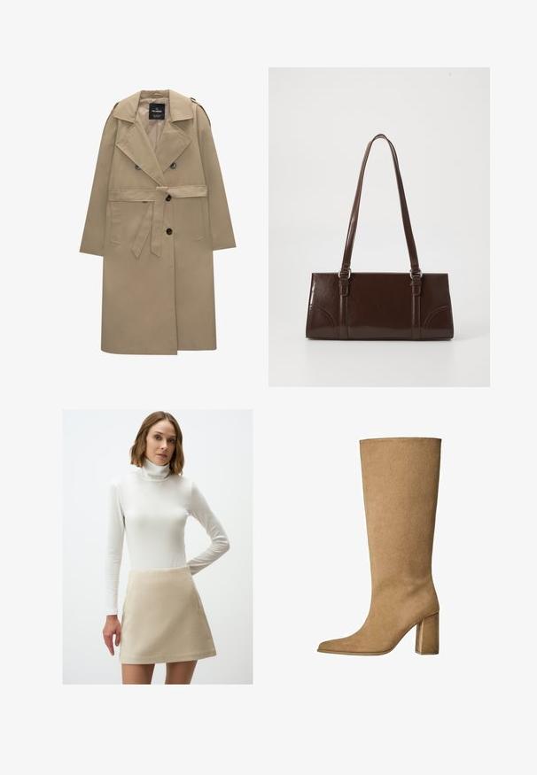 Trench coat beige doppiopetto con cintura, ampi rever, spalline, tasche laterali e chiusure a bottone.; Maglione bianco in lana a trama lavorata a maglia con maniche lunghe e polsini e orlo a coste, scollatura a girocollo, esposto su uno sfondo bianco.; Gonna a campana beige in morbido tessuto con una superficie liscia e tasca laterale, abbinata a un maglione a collo alto bianco a maniche lunghe.; Stivale al ginocchio in suede beige con tacco a blocco, caratterizzato da una punta affusolata e una superficie liscia. Design minimalista senza decorazioni.; Borsa in pelle verniciata marrone di forma rettangolare, con due manici lunghi e sottili accenti curvi sul davanti.