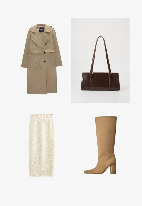 Beige dubbelknäppt trenchcoat med bälte, breda slag, axelkläppar, sidofickor och knapplåsningar.; Vit kabelstickad ulltröja med långa ärmar och ribbade muddars och nederkant, rundhalsad, som visas mot en vit bakgrund.; Stickad pennkjol i krämfärgat med en strukturerad yta, elastisk midja och en kroppsnära siluett, designad för en strömlinjeformad look.; Tan mockasins knähöga stövlar med blockklack, med spetsig tå och slät textur. Minimalistisk design utan utsmyckningar.; Brun blankläderväska med rektangulär form, två långa handtag och subtila böjda accenter på framsidan.