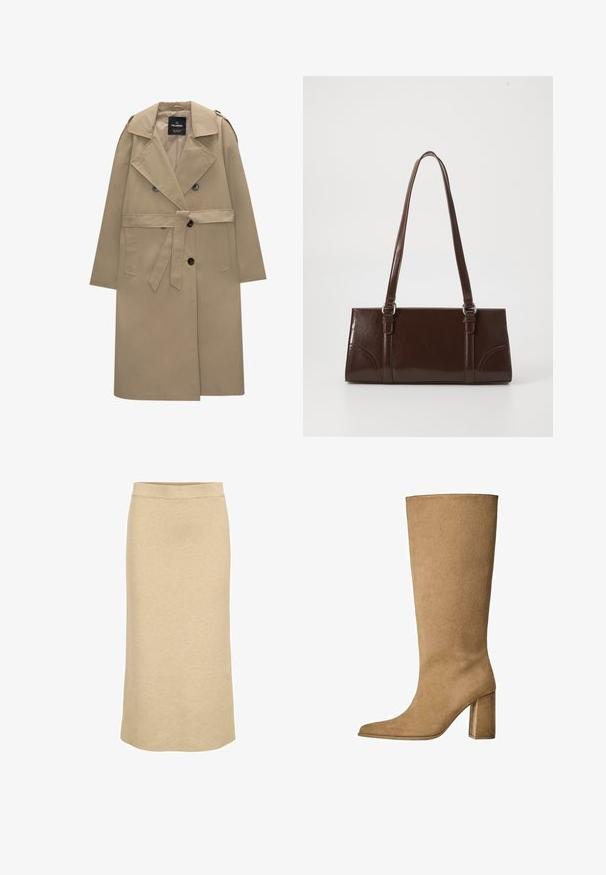Trench coat beige doppiopetto con cintura, ampi rever, spalline, tasche laterali e chiusure a bottone.; Maglione bianco in lana a trama lavorata a maglia con maniche lunghe e polsini e orlo a coste, scollatura a girocollo, esposto su uno sfondo bianco.; Gonna midi a maglia in beige chiaro, con vita a coste e una silhouette dritta caratterizzata da una texture liscia e morbida.; Stivale al ginocchio in suede beige con tacco a blocco, caratterizzato da una punta affusolata e una superficie liscia. Design minimalista senza decorazioni.; Borsa in pelle verniciata marrone di forma rettangolare, con due manici lunghi e sottili accenti curvi sul davanti.