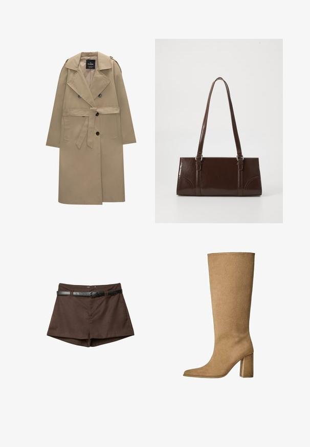 Beżowy płaszcz typu trencz zapinany na podwójne guziki z paskiem, szerokimi klapami, pagonami na ramionach, bocznymi kieszeniami i guzikiem do zapinania.; Biały sweter z wełny o splocie warkoczowym, z długimi rękawami oraz ściągaczem przy mankietach i u dołu, z okrągłym dekoltem, prezentowany na białym tle.; Brązowe spersonalizowane szorty z wąskim czarnym paskiem przewleczonym przez pętelki, wyeksponowane na białym tle.; Karmowe zamszowe botki do kolan na słupku, z ostrym noskiem i gładką fakturą. Minimalistyczny design bez ozdób.; Brązowa torebka z lakierowanej skóry o prostokątnym kształcie, z dwiema długimi rączkami i subtelnymi zaokrągleniami z przodu.