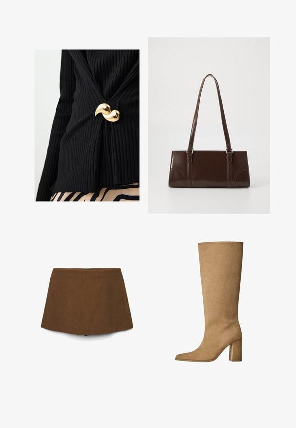 Beige doppelreihiger Trenchcoat mit Gürtel, breiten Revers, Schulterepauletten, Seitentaschen und Knöpfen.; Schwarzes, geripptes Oberteil mit einem gedrehten Design, das mit einem glänzenden goldenen, halbmondförmigen Verschluss an der Taille gesichert ist. Der strukturierte Stoff verleiht Tiefe.; Brauner Cord-Rock im A-Linie mit einem dezenten seitlichen Reißverschluss, vor einem weißen Hintergrund präsentiert.; Hellbraune Wildleder-Stiefel bis zum Knie mit Blockabsatz, spitz zulaufender Zehenform und glatter Textur. Minimalistisches Design ohne Verzierungen.; Braune Lackleder-Handtasche in rechteckiger Form, mit zwei langen Griffen und subtilen, geschwungenen Akzenten auf der Vorderseite.