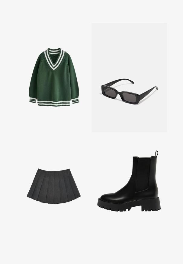 Béžový dvojradový trenčkot s opaskom, širokými klopami, plecnými epauletmi, bočnými vreckami a gombíkovými zapínaniami.; Zelený pletený sveter s výstrihom do V a bielym pruhovaným ribbed lemom na golieri a manžetách. Má dlhé rukávy a voľný strih.; Plisovaná sukňa v tmavosivej farbe, vyrobená z textúrovanej tkaniny. Má rozšírený strih s rovnomerne rozloženými plisami a plochým pásom.; Čierna kožená členková bota s textúrovaným bočným panelom, zaoblenou špičkou a masívnou platformou s cikcak vzorom.; Čierne obdĺžnikové slnečné okuliare s tmavými šošovkami, lesklým povrchom, širokými ramenami a robustným rámovým dizajnom. Vygravírované meno značky na jednom ramene.; Čierna kožená hobo taška s uvoľneným dizajnom, širokým ramenným popruhom a hladkým povrchom. Obsahuje jedno zipsové uzatváranie na boku.
