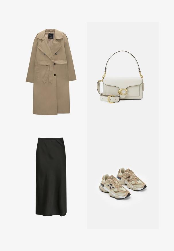 Bežový dvouřadý trenčkot s opaskem, širokými klopami, ramenními epauletami, bočními kapsami a knoflíkovým zapínáním.; Bílá košile na knoflíky s špičatým límcem, dlouhými rukávy a malým modrým logem na levé straně hrudi. Vyrobena z bavlněné tkaniny.; Černá midi sukně vyrobená z hladkého, lehkého materiálu. Má jednoduchý design s elastickým pasem a jemným leskem.; Béžové tenisky vyrobené z materiálů síťoviny a semiše. Obsahují černé logo a texturované prvky. Silná bílá mezipodešev a černá gumová podrážka.; Bílá kožená kabelka se zlatým zapínáním, černými akcenty, odnímatelným ramenním popruhem a strukturovaným designem s klopovým uzavřením.
