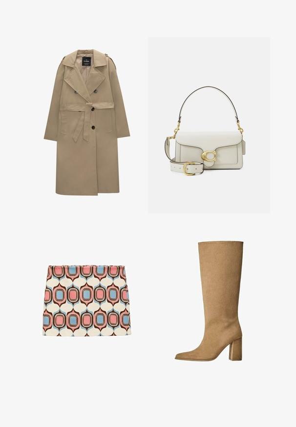 Bežový dvouřadý trenčkot s opaskem, širokými klopami, ramenními epauletami, bočními kapsami a knoflíkovým zapínáním.; Bílá košile na knoflíky s špičatým límcem, dlouhými rukávy a malým modrým logem na levé straně hrudi. Vyrobena z bavlněné tkaniny.; Vzorovaná mini sukně v krémové barvě, která obsahuje geometrické tvary v růžové, modré a hnědé. Hladká tkanina s obepnutým střihem a rovním lemem.; Tan semišové kozačky po kolena s blokovým podpatkem, s špičatou špičkou a hladkým povrchem. Minimalistický design bez zdobení.; Bílá kožená kabelka se zlatým kováním, s klopovým zapínáním a odnímatelným, nastavitelným popruhem. V centru je zaoblený kovový detail.