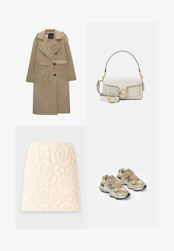 Trench coat bej, cu dublă închidere, curea, rever larg, epauleți pe umeri, buzunare laterale și închidere cu butoane.; Cămașă albă cu mânecă lungă, din bumbac, cu nasturi la față, guler clasic și tiv rotunjit, având o croială lejeră și fără motive.; Fustă din dantelă în crem cu un model floral. Prezintă decupaje ovale intricate și o siluetă ajustată. Materialul texturat conferă un aspect delicat.; Adidași bej din materiale mesh și suede. Prezintă un logo negru și accente texturate. Talpă intermediară albă groasă și talpă exterioară din cauciuc negru.; Geantă de mână din piele albă cu elemente metalice aurii, prevăzută cu închidere cu clapetă și curea detașabilă, reglabilă. Accente metalice rotunjite în centru.