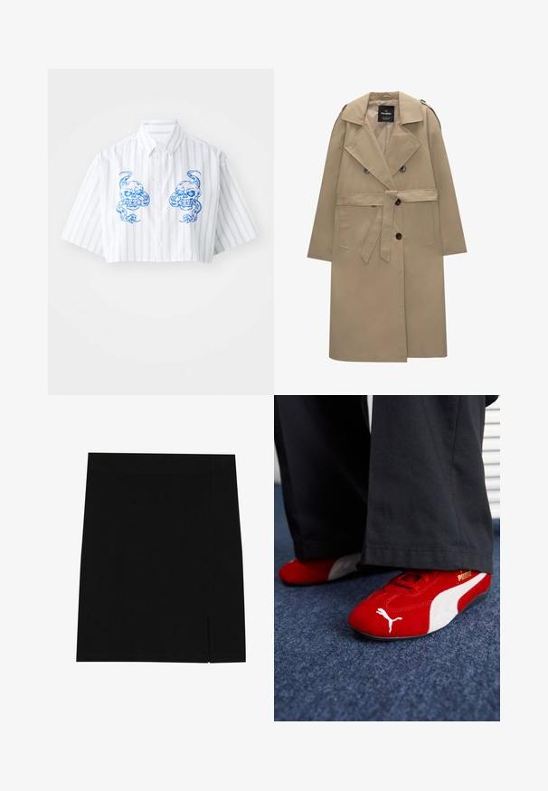 Trench coat beige doppiopetto con cintura, ampi rever, spalline, tasche laterali e chiusure a bottone.; Camicia corta bianca con righe verticali blu, caratterizzata da due design di teschi sul davanti e un colletto classico.; Gonna nera mini realizzata in tessuto morbido con un design aderente, caratterizzata da una leggera apertura sul lato per un tocco di stile in più.; Sneakers in camoscio rosso con accenti bianchi, caratterizzati da materiale testurizzato, punta rotonda e un logo dorato di lato, indossati con pantaloni neri.
