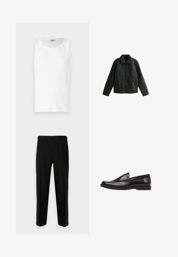 Giacca grigia con zip e colletto. Realizzata in tessuto strutturato con una finitura morbida. Caratterizzata da due tasche laterali e maniche lunghe.; Canotta bianca in cotone senza maniche con scollo rotondo e una superficie liscia. Design semplice, senza motivi o dettagli.; Pantaloni neri realizzati in tessuto liscio, con una vestibilità dritta, due tasche frontali e una chiusura con zip e bottone.; Mocassini in pelle nera con una finitura liscia e lucida, dettagli cuciti e una suola in gomma a profilo basso. Design classico senza lacci.