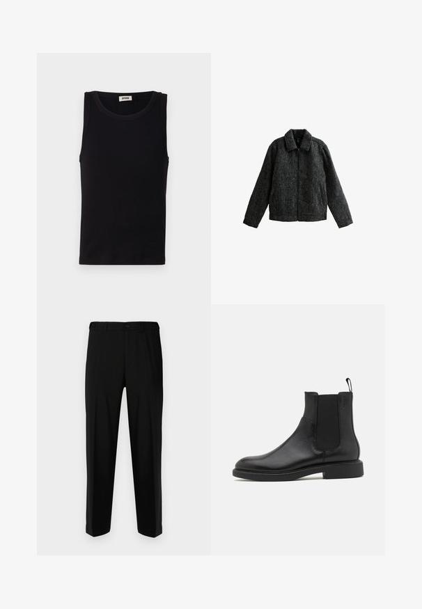 Grijze zip-up jas met een kraag. Gemaakt van textuurstof met een zachte afwerking. Beschikt over twee zijzakken en lange mouwen.; Zwart mouwloos tanktop gemaakt van zachte katoen. Heeft een ronde halslijn en een rechte snit, met minimale stikdetails.; Zwarte broek van gladde stof, met een rechte snit, twee voorzakken en een ritssluiting met knoopsluiting.; Zwarte leren enkelboot met een gladde textuur, elastische zijpanelen en een trekhaak. Ronde neus en platte rubberen zool met minimale profiel.