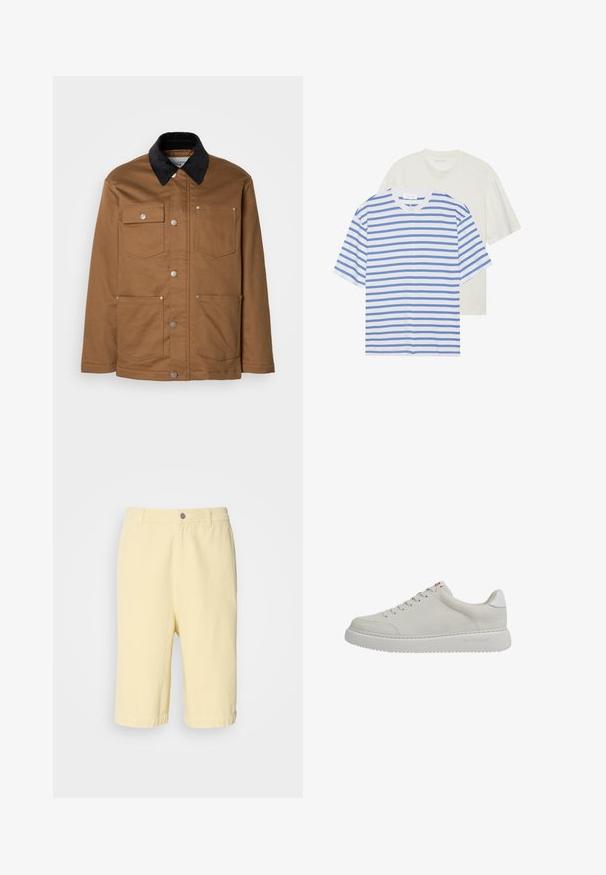 Pruun tööjakk musta sametkraega, metallist nööpidega esiots ja neli esipaneeli taskut, valge tausta vastu.; Kaks lühikeste varrukatega T-särki: üks valge siniste triipudega ja teine ühtlane heledad kreem. Pehme puuvillane materjal, ümar kaelus, mugav lõige.; Kollased puuvillased lühikesed püksid sirge lõikega, esise nupu kinnitusega ja rullitud äärtega. Sujuv tekstuur, igapäevane disain.; Heled hall nahkist tennistossud, madala profiiliga, ümmarguse varbaga ja valgete aktsentidega. Omab kuut silmust, lamedaid paelad ja tekstuurset kummist tallat.