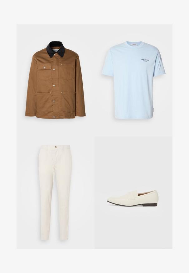 Rjava delovna jakna z ovratnikom iz črnega žameta, spredaj z kovinskimi gumbi in štirimi sprednjimi žepi, postavljena na belo ozadje.; Sveta modra bombažna majica s kratkimi rokavi in okroglim izrezom, ki na prsih nosi majhen temen napis "MARC O’POLO DENIM".; Svetlo bež hlače s slim fit krojem, izdelane iz gladkega bombažnega blaga. Imajo gumb za zapiranje, zanke za pas in običajne žepe.; Svetlo bež balerinke s koničastim nosom, gladkim materialom, pasom čez zgornji del in nizkim rjavim podplatom. Enostaven dizajn z minimalnimi detajli.