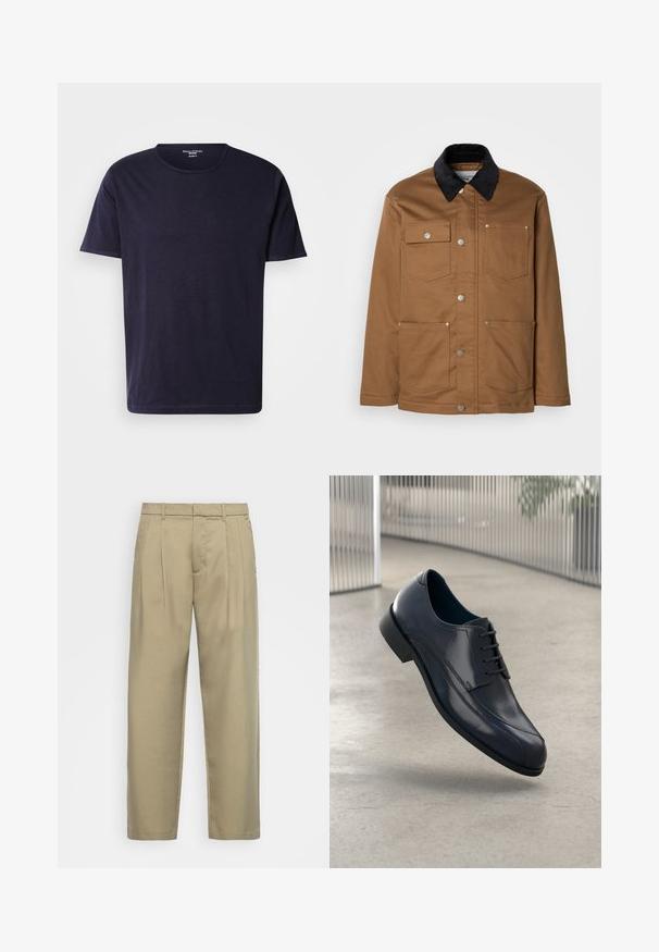 Hnědá pracovní bunda s černým kordovým límcem, s kovovými knoflíky vpředu a čtyřmi předními kapsami, umístěná na bílém pozadí.; Tmavě modré tričko z měkké látky s kulatým výstřihem a krátkými rukávy. Hladký povrch s jednoduchým, klasickým designem.; Beige kalhoty s vysokým pasem a rovnýmlíčkem, s plochým předním dílem, bočními kapsami a hladkým, strukturovaným materiálem.; Lesklá černá kožená společenská obuv s tkaničkami, plovoucí nad hladkým, světle šedým podlahovým povrchem a s vertikálními kovovými pruty v pozadí.