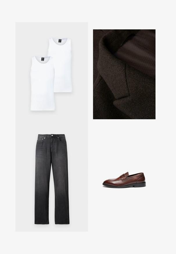 Brunt ulltyg i närbild, med en texturerad yta. Kragen har en skarp design, med ett mjukt innerfoder som visar ett subtilt mönster.; Två vita, ärmlösa linnen gjorda av ett mjukt, lätt material. Har en rund halsringning och en ren, enkel design.; Svarta högmidjade raka jeans med framknapp och dragkedja, två framfickor och diskret blekta detaljer.; Bruna läderloafers med en slät yta, rund tå, dekorativ rem och svart gummisula. Har minimal sömnadsdetalj.