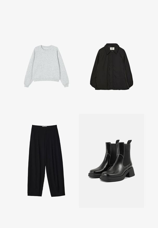 Črna podložena jakna s ostrim ovratnikom in polnim zadrgo, ki ima nekoliko prevelik kroj in gladko, sijočo teksturo tkanine.; Siva dukserica iz mekog materijala, s okruglim izrezom, dugim rukavima i rebrastim manžetama i rubom. Bez uzoraka ili grafika.; Črne široke hlače iz lahkega materiala z naprsnimi gubami, klasičnim pasom in stranskimi žepi. Gladko teksturo.; Črne usnjene Chelsea škornje s širokim petami, elastičnimi stranskimi ploščami in kontrastnim belim šivanjem. Teksturirana površina.
