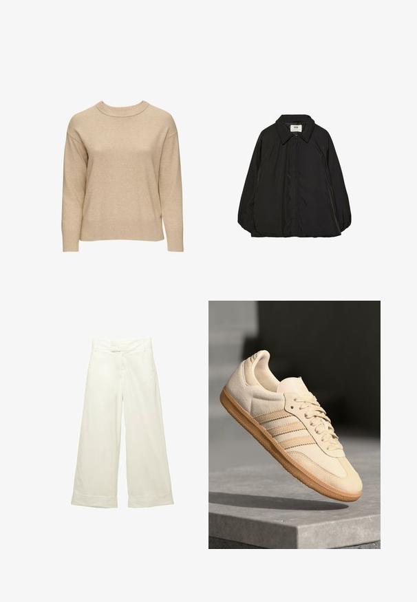 Schwarze gepolsterte Jacke mit spitzem Kragen und vollem Reißverschluss, die einen leicht übergroßen Schnitt und eine glatte, glänzende Stofftextur aufweist.; Beige Strickpullover mit rundem Ausschnitt, langen Ärmeln und gerippten Akzenten an den Bündchen und am Saum. Weicher Stoff mit einem legeren Schnitt.; Weit geschnittene Hose aus weichem, cremefarbenem Stoff. Mit flachem Bund und aufgeschlagenen Säumen. Glatte Textur mit einem klaren, minimalistischen Design.; Helle beigetöne Wildledersneaker mit Gumminsohle, drei schrägen Streifen und einer strukturierten Zehenkappe. Mit Logo auf der Zunge und der Seite.
