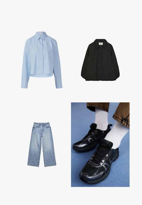 Black padded jacket with a pointed collar and full zipper, featuring a slightly oversized fit and smooth, shiny fabric texture.; Light blue and white striped shirt with a collar, button closure, and long sleeves. The fabric appears smooth and lightweight.; Light blue wide-leg jeans made of denim, featuring a high waist, five pockets, and subtle fading, with raw hems.; Black Nike sports shoes feature a mesh upper with shiny accents, black laces, and a textured sole. Paired with white ribbed socks.
