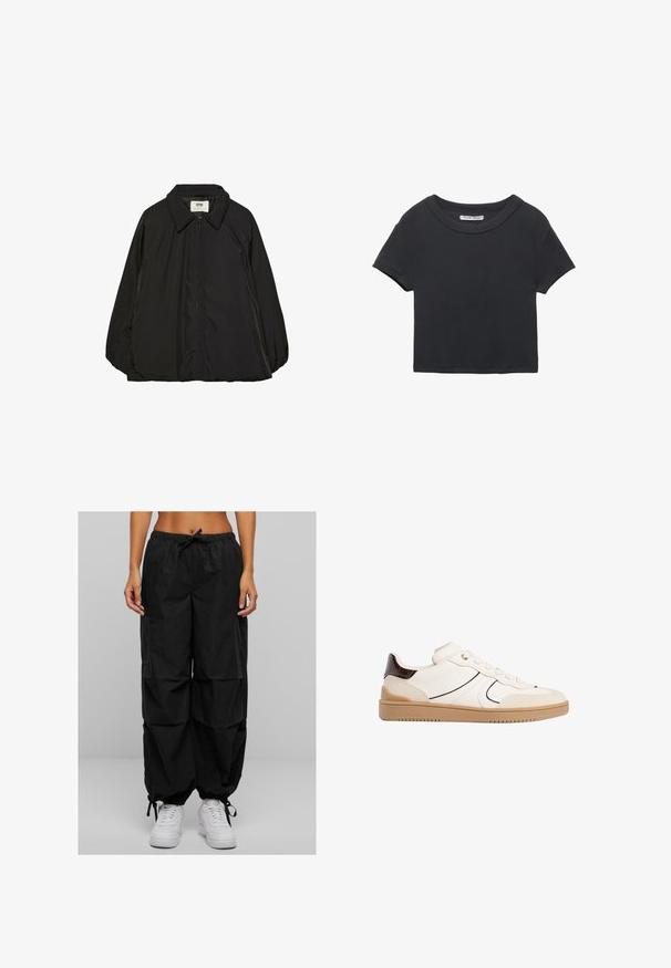 Czarna pikowana kurtka z wyszukanym kołnierzem i pełnym zamkiem błyskawicznym, charakteryzująca się lekko oversize'owym krojem oraz gładką, błyszczącą fakturą materiału.; Czarny skrócony t-shirt wykonany z prążkowanej tkaniny. Posiada okrągły dekolt i krótkie rękawy. Prosty fason bez wzorów czy akcentów.; Czarne spodnie cargo mają elastyczny pasek w talii, luźny krój i wiele kieszeni. Materiał wydaje się lekki o matowej teksturze. W połączeniu z białymi sneakersami.; Stradivarius - Sneakersy niskie