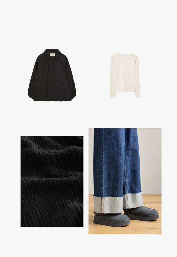 Veste rembourrée noire avec un col pointu et une fermeture éclair intégrale, présentant une coupe légèrement oversized et une texture en tissu lisse et brillant.; Haut beige clair à manches longues en tissu doux, avec un col rond et une coupe décontractée, un ourlet droit et un minimum de détails de couture.; Tissu noir froissé avec une surface texturée, présentant de profonds reliefs et des nuances variées, créant une apparence dimensionnelle.; Jean en denim à jambes larges avec un ourlet effiloché, présentant un revers en denim clair contrastant. Associé à des bottes en daim gris à semelle épaisse.