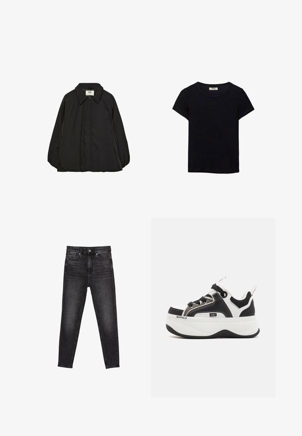 Crna podstavljena jakna s oštrim kragnom i punim zatvaračem, koja ima blago preveliki kroj i glatku, sjajnu teksturu tkanine.; Crna majica kratkih rukava od mekanog materijala. Ima klasični okrugli izrez i opušteni kroj. Bez vidljivih uzoraka ili akcenta.; Crni traperice imaju uski kroj s visokim strukom, pet džepova i suptilno izbljeđivanje za teksturu. Završene su frontalim dugmetom za zatvaranje.; Platform tenisice s crno-bijelim dizajnom, mrežastim detaljima, teksturiranim akcentima i istaknutim logotipom sa strane.