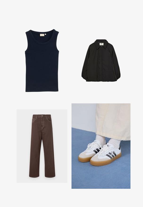 Svart vadderad jacka med spetsig krage och hel dragkedja, med en något oversized passform och en slät, glänsande tygtextur.; TOM TAILOR MIT STRUKTUR - Linne - sky captain blue; Bruna vida jeans med kontrasterande sömmar, fem fickor och metalldragknapp. Slät textur, rak skärning.; Vita sneakers med svarta ränder och beige mockadetaljer. Har en texturerad gummisul och platta vita skosnören, bärs med ljusa strumpor.