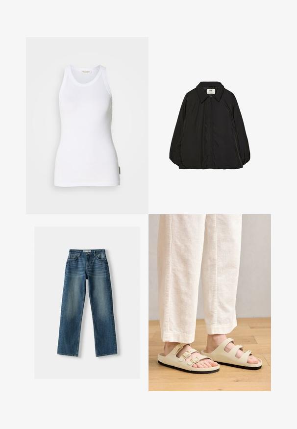 Zwarte gewatteerde jas met een puntige kraag en volledige rits, met een lichte oversized pasvorm en een gladde, glanzende stoftextuur.; Witte mouwloze katoenen tanktop met een ronde hals, naadloze zijkanten en een klein logo-label op de linker benedenhoek. Gladde textuur.; Blauwe denim jeans met een rechtlijnig design, knoopsluiting, vijf zakken en vervaagde gebieden. Het materiaal lijkt stevig met een gestructureerde afwerking.; Lichtbeige sandalen met drie verstelbare banden met metalen gespen, een gewatteerde voetbed en een zwarte rubberen zool.
