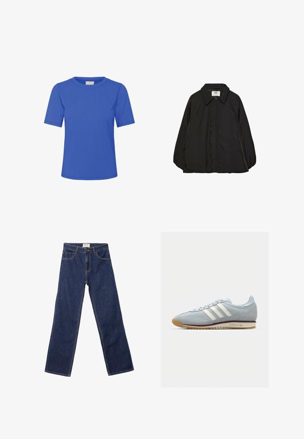 Sort polstret jakke med spids krave og fuld lynlås, der har en let oversized pasform og en glat, blank stoftexture.; Kaffe SAMANTHA  - T-shirts basic - surf the web cc; Mørkeblå lige ben jeans med forlommer, bæltesløjfer og knaplukning.; Lyseblå ruskinds sneaker med hvide tre striber, gummisål og tekstureret mesh. Har en glat tåhætte og branding på hælen.
