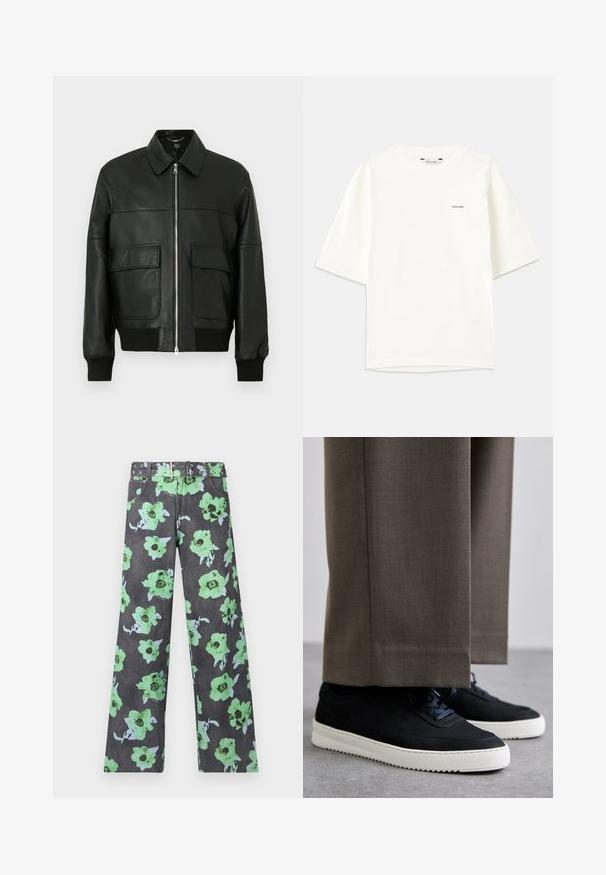 Fekete bőr bombázó dzseki, hajtott gallérral, elől cipzárral, két nagy folt zsebbel és bordázott mandzsettával és aljjal. Simaság jellemzi.; Fehér, rövid ujjú póló, pamutból készült. Kerek nyakkivágással rendelkezik, és egy kis fekete "Holzweiler" logó található a bal oldalon.; Sötét szürke, virágmintás nadrág, nagy zöld és kék virágokkal. A nadrághoz tartozik egy megfelelő öv, több szegeccsel és szemettel.; Fekete velúr sportcipők fehér gumitalppal, kerek orrú, fűzős kialakítással, szürke, szabott nadrággal párosítva.