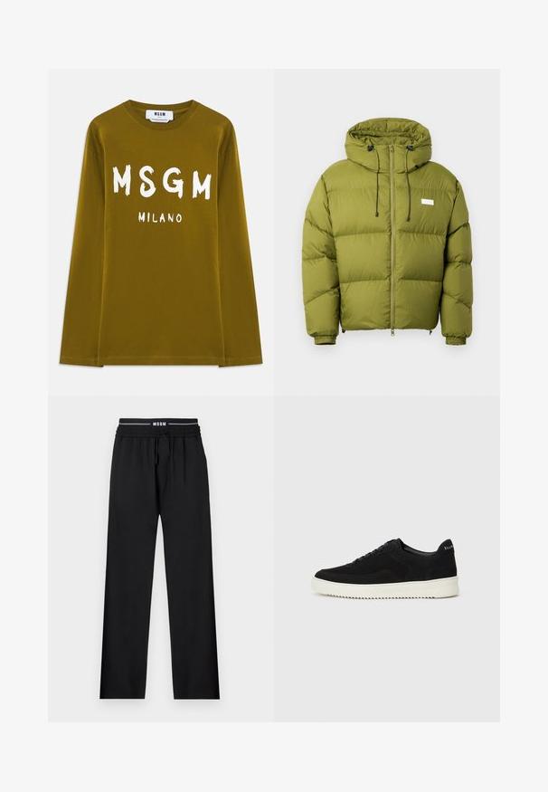 Doudoune vert olive avec capuche, dotée d'une fermeture éclair avant, d'un cordon de serrage et de poignets élastiques. Comprend un petit patch logo.; T-shirt à manches longues vert olive en coton, avec un grand texte blanc "MSGM" et "MILANO" imprimé sur le devant.; Pantalons noirs à coupe décontractée, taille élastique, cordon de serrage ajustable et poches latérales. Fabriqués en tissu lisse sans motifs.; Baskets en daim noir avec un design à lacets et une semelle en caoutchouc blanc contrastant. Comprend des panneaux latéraux texturés et un logo subtil sur le talon.