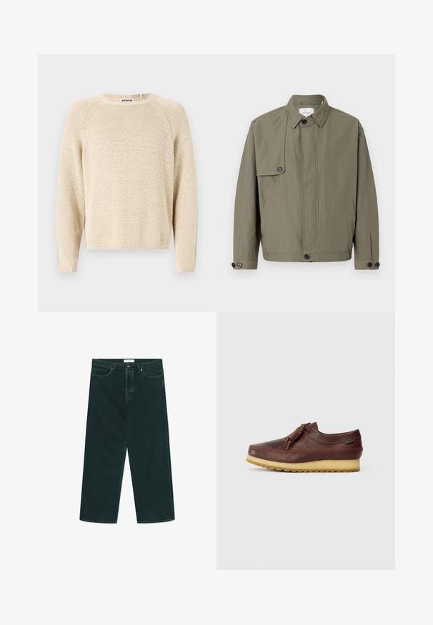 Olīvu zaļa viegla jakas ar pogojamu apkakli, sānu kabatām un aproču akcentiem. Iezīmē unikālu pārklājuma atloku uz krūšu.; Bēša adīta džemperis ar apaļu dekoltē, raglāna piedurknēm un ribotu malu. Tekstūrēta auduma ar brīvu piegriezumu un austu izskatu.; Tumši zaļi platās kājas denimi džinsi ar pogu un rāvējslēdzēja aizdari, priekšējām kabatām un siksnu cilpām, izklāti uz baltas fona.; Brūns ādas kurpes ar noapaļotu purngalu, dekoratīvu šņorēšanu priekšpusē un gaiša krāsas gumijas zoli ar protektora rakstu.