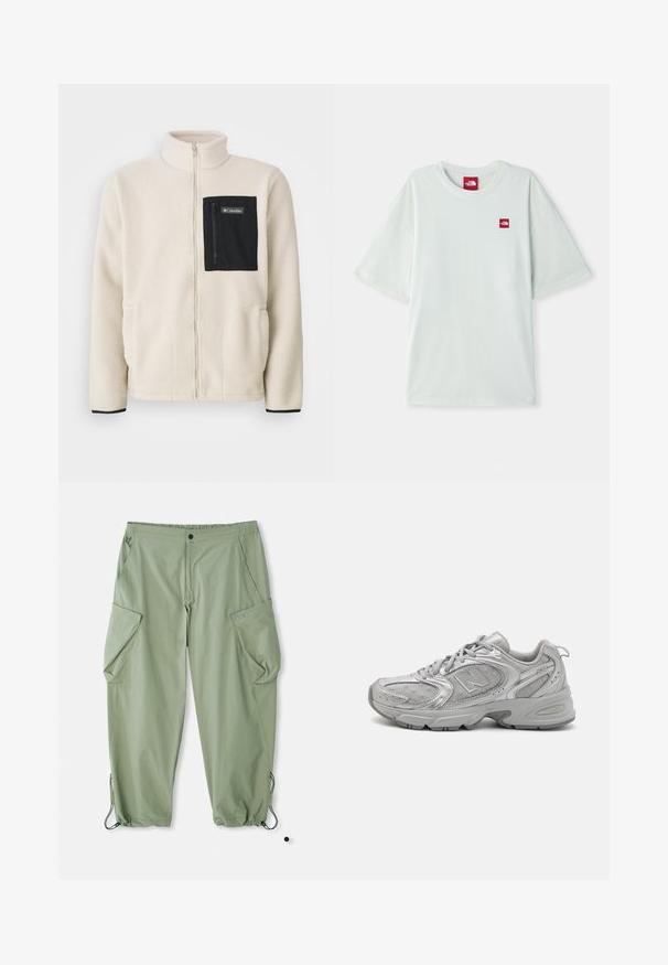 Fleecejakke i off-white med en svart glidelås på brystlommen og svart kant. Har høy krage og avrundede frontlommer.; Lys grønn kortermet t-skjorte laget av myk bomull, med et lite rødt logomerke på venstre brystområde. Avslappet passform og rund hals.; Lys grønne cargo bukser med elastisk linning, flere sidelommer og snøring ved anklerne. Laget av slitesterkt, teksturert stoff.; Sølv idrettssko med et strømlinjeformet design, mesh-paneler, polstret tunge, strukturert syntetisk overdel og gummisåle for godt grep.
