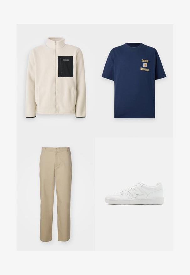 Μπουφάν fleece σε off-white απόχρωση με μαύρη τσέπη στο στήθος με φερμουάρ και μαύρες λεπτομέρειες. Διαθέτει ψηλό γιακά και στρογγυλεμένες εμπρόσθιες τσέπες.; Σκούρο μπλε βαμβακερό T-shirt με κοντά μανίκια, με χρυσό κείμενο "Carhartt University" και λογότυπο ραμμένο στο αριστερό στήθος.; New Balance ATHLETICS STANDARD PANT - Παντελόνι - stoneware; Λευκό αθλητικό παπούτσι κατασκευασμένο από λείο δέρμα, με τρυπητό μπροστινό μέρος, υφασμάτινη σόλα από καουτσούκ, επίπεδες κορδόνες και ένα εξέχον λογότυπο 'N' στο πλάι.