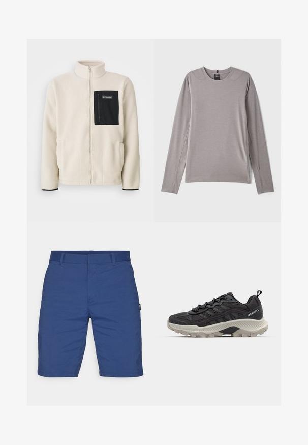 Fleece jaka krēmkrāsā ar melnu rāvējslēdzēja krūšu kabatu un melnām apmalēm. Iezīmē augstu apkakli un apaļām priekšējām kabatām.; Pelēks garām piedurknēm krekls ar noapaļotu izgriezumu, sānu šķelumiem un gludu, elastīgu audumu. Minimalistisks dizains bez rakstiem vai rotājumiem.; Zili šorti, izgatavoti no viegla auduma. Iezīmēts ar plakanu priekšpusi, jostu cilpām un bez redzamām kabatām. Gluda tekstūra ar izgriezumu, kas pielāgots.; Melnas sporta apavi ar acs audumu, izteiktu amortizāciju, teksturētu zoli un atstarojošām akcentiem. Iespējo pull tab un šņorēšanas dizains.
