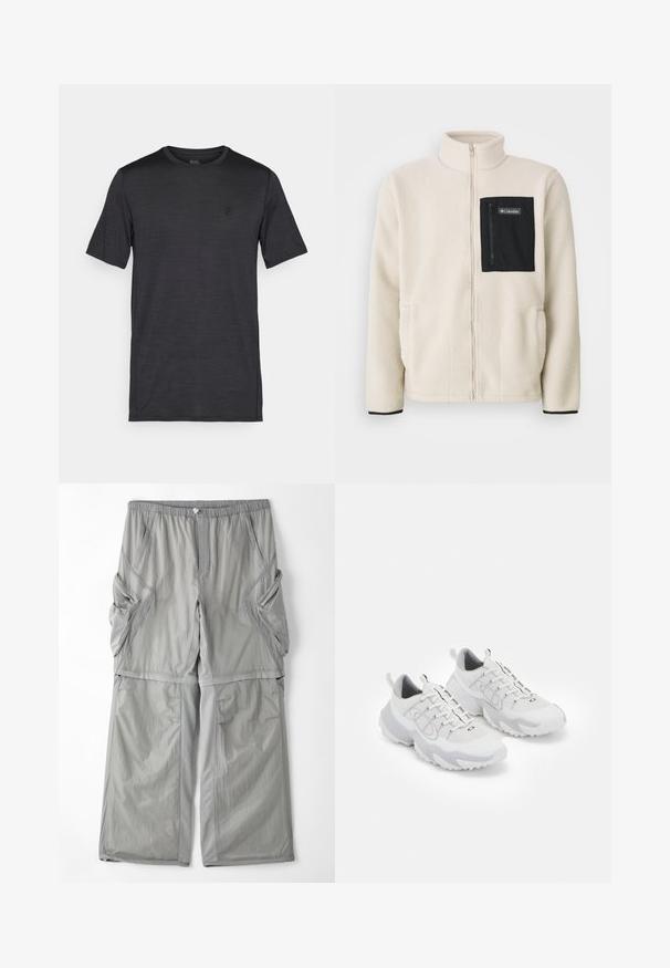 Fleece jaka krēmkrāsā ar melnu rāvējslēdzēja krūšu kabatu un melnām apmalēm. Iezīmē augstu apkakli un apaļām priekšējām kabatām.; Melna īsām piedurknēm T-kreklā, kas izgatavots no gludas, vieglas auduma. Tam ir apaļa kakla izgriezuma forma un izšūts logotips uz krūtīm.; Gai pelēki, elpojoši auduma bikses ar elastīgu jostu, sānu kabatām un kontrastējošu pelēku apdari gar šuvēm. Brīvs piegriezums.; Baltas sporta apģērbs ar sietu augšdaļu, pelēkiem akcentiem, teksturētu gumijas zoli un vilkšanas cilpiņām uz papēža; iekļauj necaurlaidīgu dizainu.