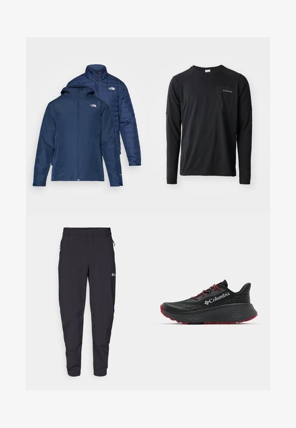 Casaco reversível azul-marinho com um exterior à prova d'água e um interior acolchoado isolante. Apresenta fechos de correr e bolsos laterais duplos.; Columbia COLUMBIA TECH™ LONG SLEEVE CREW - Camisola de manga comprida - black; Calças exteriores leves de cor cinza escuro, com um corte justo, cintura elástica, bolsos com fecho e detalhe de logo discreto na lateral.; Shoe atlético preto com parte superior texturizada, atacadores vermelhos e logótipo. Sola espessa com padrão para tração. Design minimalista, vista lateral.