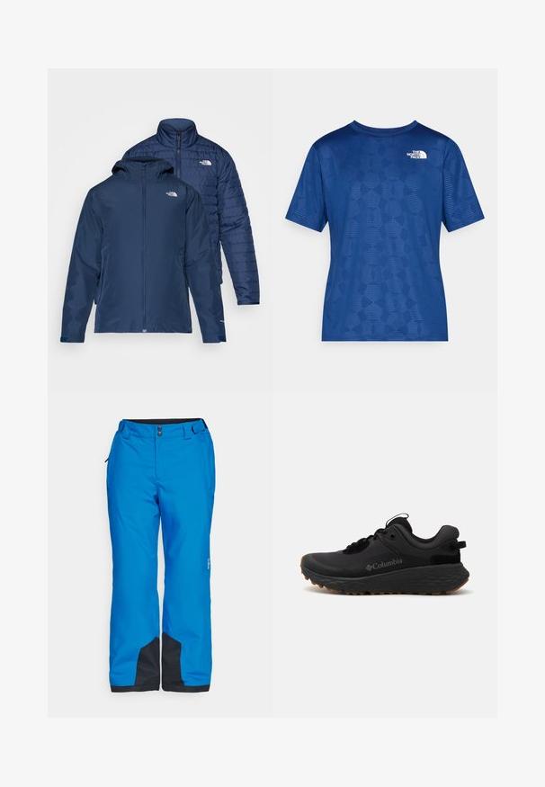 Navyblaue wendbare Jacke mit wasserabweisendem Außenmaterial und isoliertem Puffer-Innenleben. Verfügt über Reißverschlüsse und doppelte Seitentaschen.; Blaues Kurzarmhemd mit einem strukturierten geometrischen Muster und einem weißen Logo oben links. Hergestellt aus einem leichten, atmungsaktiven Material.; Blaue Schneehosen mit glatter Textur, doppelten Frontknöpfen und schwarzen Akzenten an den Säumen und Seitentaschen für Funktionalität.; Schwarzer Columbia Trainingsschuh mit strukturierter Oberfläche, gepolstertem Kragen und Gummisohle mit einem markanten Muster für besseren Halt.