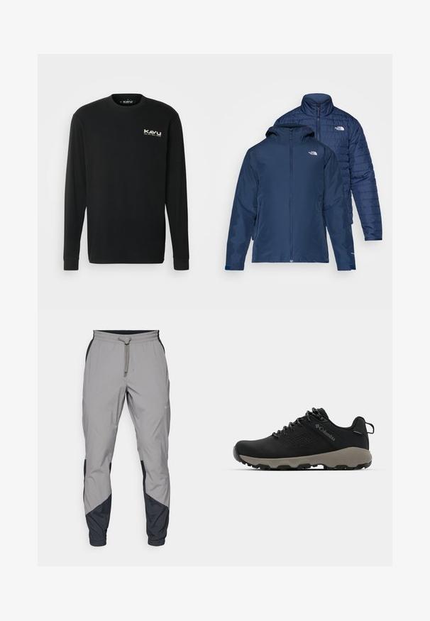 Laikansinis apverčiamas švarkas su vandeniui atsparia išore ir izoliuotu pūkiniu vidumi. Yra užtrauktukai ir dvejos šoninės kišenės.; KAVU ETCH ART - Pitkähihainen paita - black; Kevyet, harmaat urheiluhousut mustilla yksityiskohdilla. Joustava vyötärö, nyöri sulkeminen, kapeat lahkeet ja sivutaskut.; Mustat vaelluskengät, joissa on sileä yläosa, rei'itetty muotoilu, harmaa pohja ja vahvistettu kantapää. Varustettu nauhoilla ja vetoketjulla helppoa päällepukua varten.