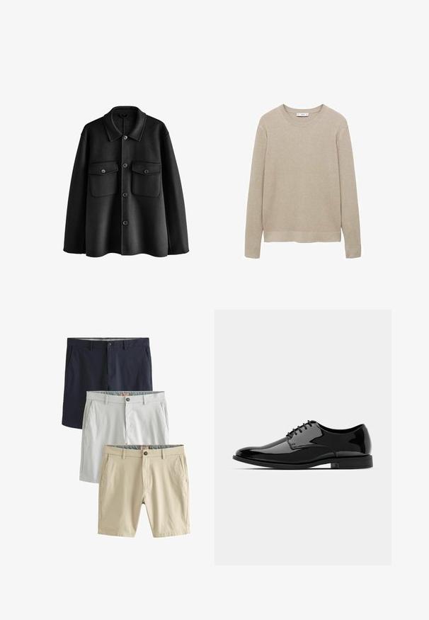 Zwarte wollen jas met een kraag, voormeging met knopen, twee borstzakken en een relaxed fit. Gladde textuur en strakke lijnen.; Beige ribbeltrui met lange mouwen, ronde hals en een afgesneden zoom. De stof lijkt zacht met een textuurpatroon.; Drie paar shorts: marineblauw, lichtgrijs en beige, allemaal gemaakt van gladde stof, met voorzakken en knoopsluitingen.; Zwarte gepatineerde leren jurkchoenen met een ronde neus, vetersluiting en een glad, glanzend oppervlak. Voorzien van een laagprofiel rubberen zool.
