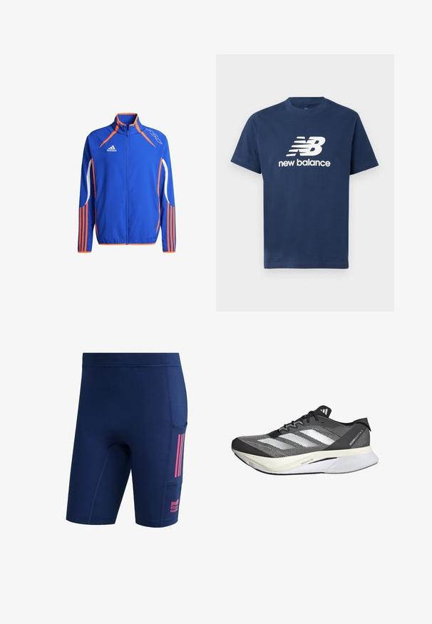 Modrá sportovní bunda s oranžovými detaily. Má vysoký límec, plný zip a bílé pruhy na rukávech. Lehká tkanina.; Námořnická modrá bavlněná tričko s krátkým rukávem a kulatým výstřihem. Na přední straně je bílé logo "NB" a text "new balance".; Námořnické modré sportovní šortky s boční kapsou, růžovými pruhy a textem "BMW Berlínský maraton" na oblasti kapsy.; Černobílé sportovní boty s síťovaným svrškem, obsahují tři bílé pruhy, výraznou podrážku označenou "LIGHTSTRIKE PRO" a aerodynamický design.