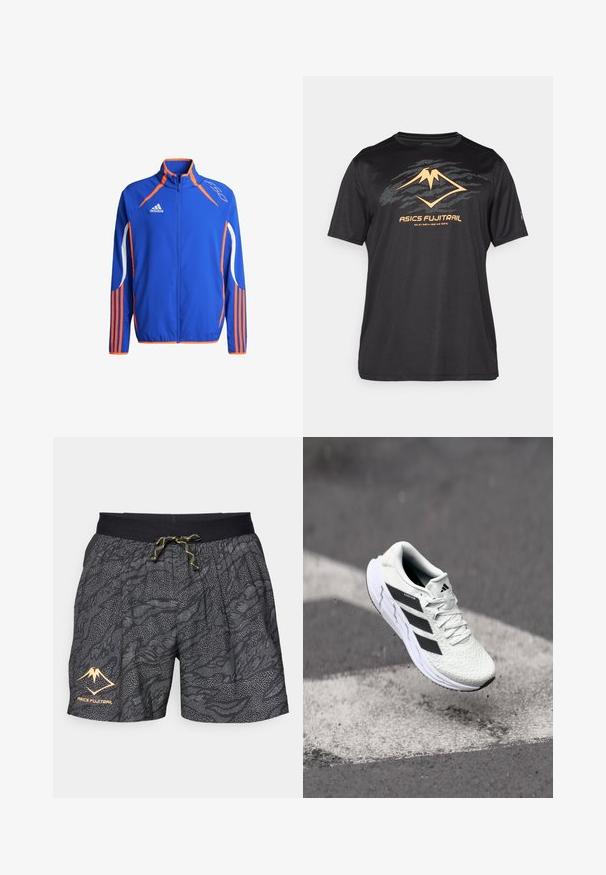 Modrá sportovní bunda s oranžovými detaily. Má vysoký límec, plný zip a bílé pruhy na rukávech. Lehká tkanina.; ASICS FUJITRAIL LOGO TOP - Sportovní tričko - performance black; Černé šortky s texturovaným vzorem šedých vln a tečkovanými akcenty. Mají černý elastický pas s žlutou šňůrkou na stažení a logem.; Bílé sportovní boty s texturovanou síťovinou, černými pruhy, šněrováním a polstrovanou podrážkou, levitující nad vyznačeným povrchem silnice.