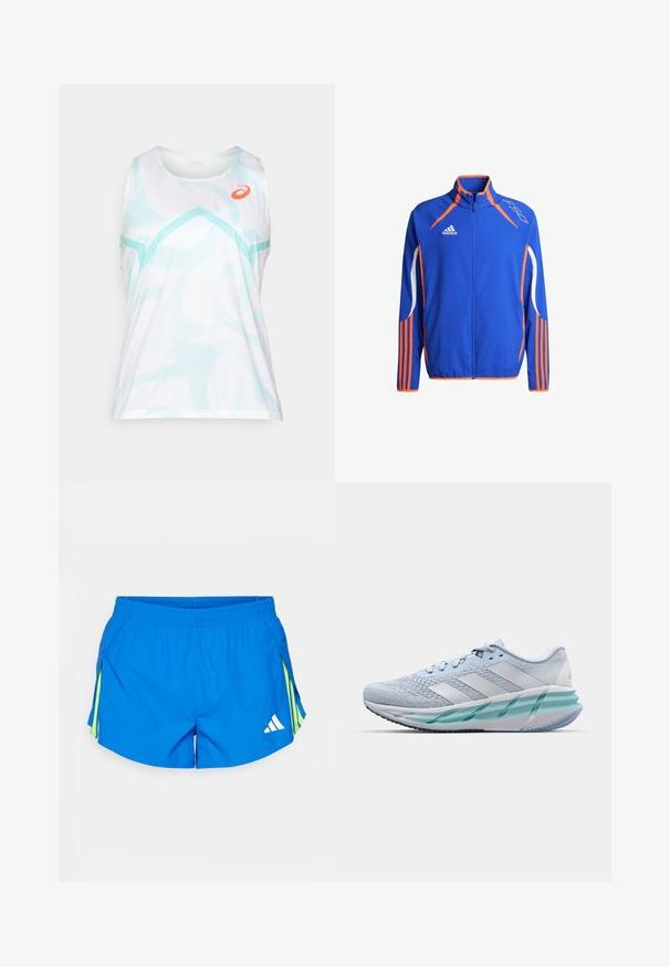 Chaqueta deportiva azul con acentos naranjas. Presenta un cuello alto, cierre completo y franjas blancas en las mangas. Tejido ligero.; Camiseta sin mangas blanca con un patrón abstracto en azul claro, con cuello redondo. Logo naranja en la parte superior izquierda.; Shorts deportivos azules de material ligero, con detalles en amarillo, una cintura con cordón y un logo blanco en la esquina inferior derecha.; Zapatillas deportivas azul claro con un upper de punto texturizado, acentos blancos y una suela intermedia verde transparente. Punta redondeada y cuello acolchado.